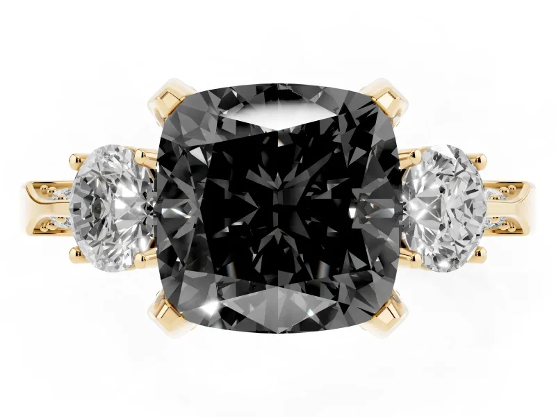 Cushion Cut Hidden Halo Three Stone Engagement Ring Setting for a Black Center | Yellow Gold