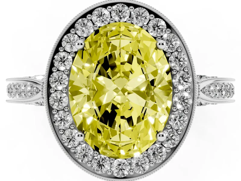 Oval Milgrain Halo Engagement Ring Setting for a Fancy Yellow Lab-Grown Diamond | Side Stones | Platinum
