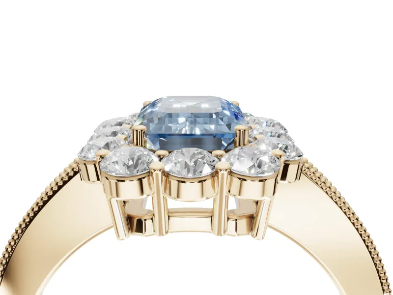 Emerald Cut Vintage Halo Engagement Ring Setting for a Fancy Blue Lab-Grown Diamond | Yellow Gold