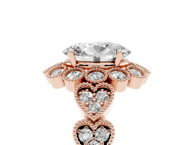 Oval Vintage Scalloped Milgrain Halo Engagement Ring Setting | Heart Pavé Band | Rose Gold