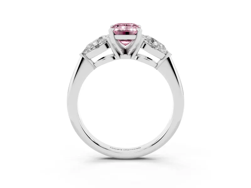 Fancy Pink Three-Stone Emerald Cut Diamond Ring Set in Platinum with Pear Side Stones and Prong Setting