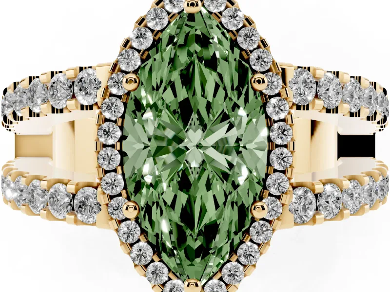 Fancy Green Marquise Cut Diamond Halo Ring Set in Yellow gold with Pavé Split Shank and Prong Setting