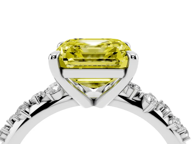 Fancy Yellow Asscher Cut Diamond Solitaire Vine Band Ring Set in Silver with Round Accents and Prong Setting