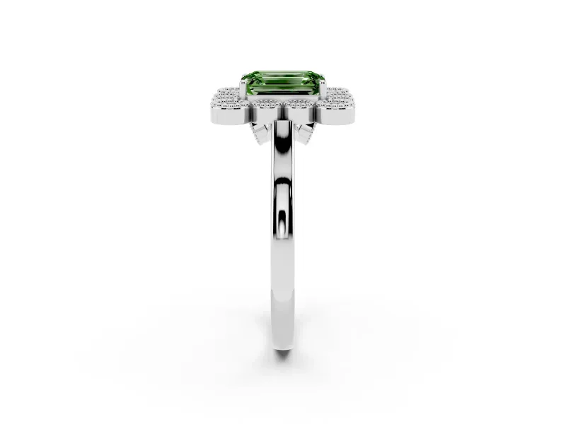 Emerald Cut Milgrain Cluster Halo Engagement Ring Setting for a Fancy Green Lab-Grown Diamond | Plain Band | White Gold