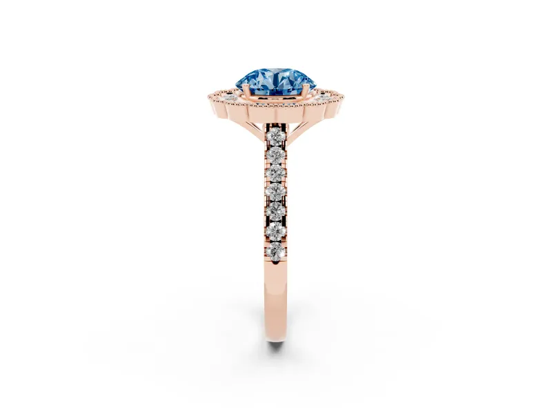 Fancy Blue Round Cut Diamond Milgrain Floral Halo Engagement Ring Set in Rose gold with Pavé Band