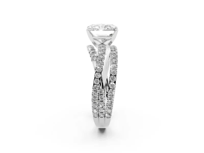 Radiant Cut Diamond Solitaire Twist Band Ring Set in Platinum with Pavé Setting and Prong Head