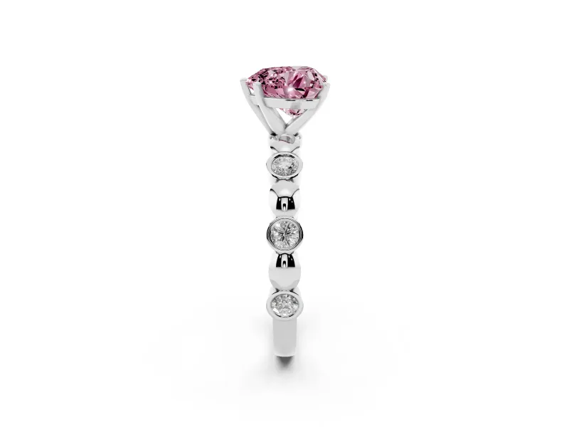 Fancy Pink Heart Cut Diamond Solitaire Ring Set in Platinum with Bezel-Set Accents on Beaded Band and Prong Setting