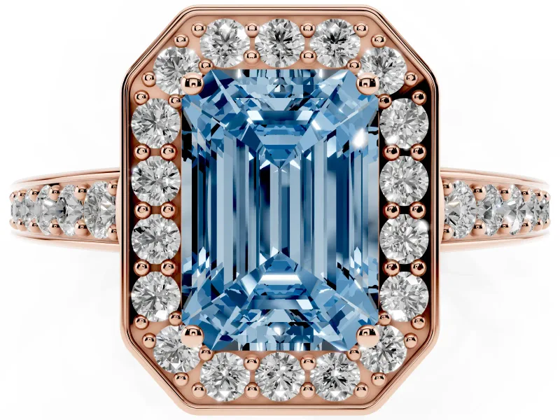 Emerald Cut Framed Halo Engagement Ring Setting for a Fancy Blue Lab-Grown Diamond | Rose Gold