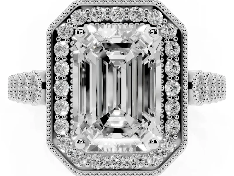 Emerald Cut Milgrain Halo Engagement Ring Setting | Graduated Bezel Accents | Sterling Silver