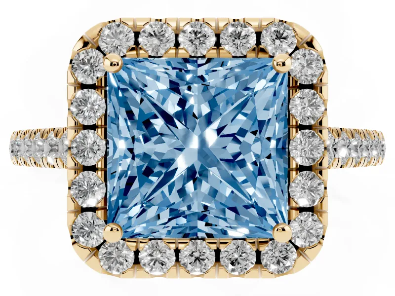 Princess Cut Raised Halo Engagement Ring Setting for a Fancy Blue Lab-Grown Diamond | Yellow Gold