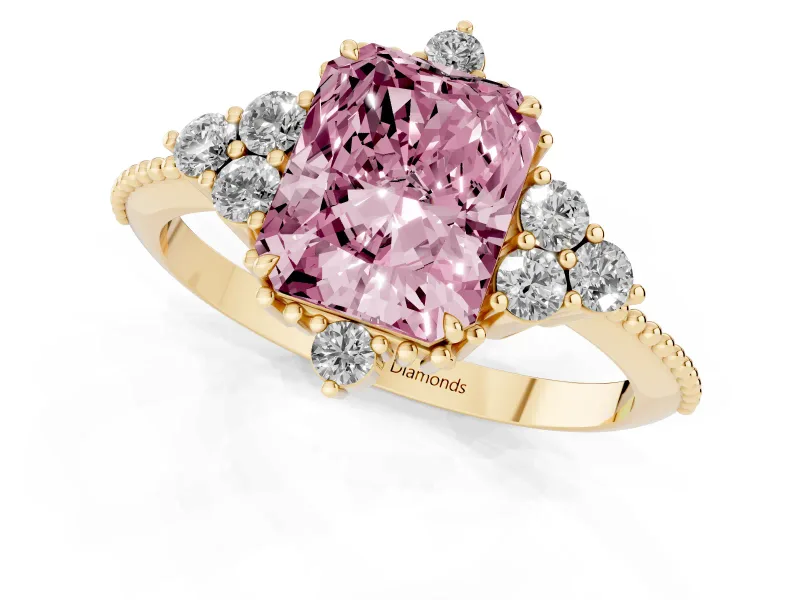 Fancy Pink Radiant Cut Diamond Cluster Ring Set in Yellow gold with Beaded Band