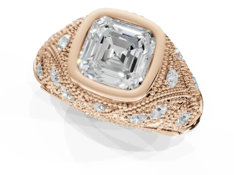 Asscher Cut Vintage Bezel Engagement Ring Setting | Beaded Paisley Shoulders | Rose Gold