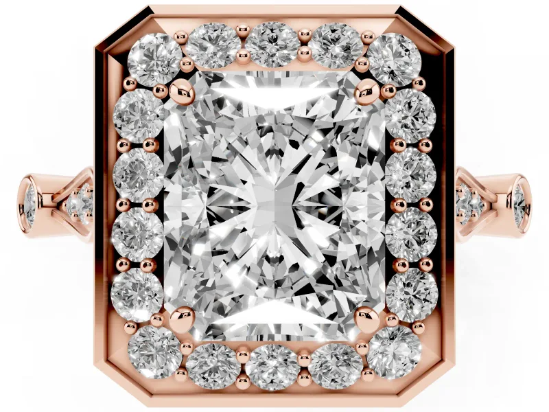 Radiant Cut Vintage Halo Engagement Ring Setting | Bezel Station Shoulders | Rose Gold