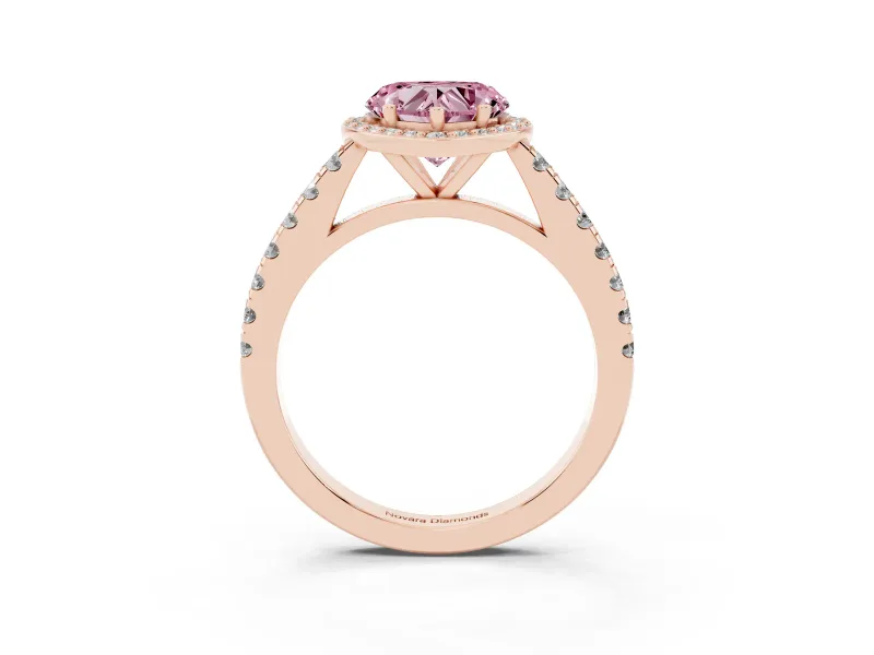Fancy Pink Heart Cut Diamond Halo Engagement Ring Set in Rose gold with Pavé Band and Prong Setting