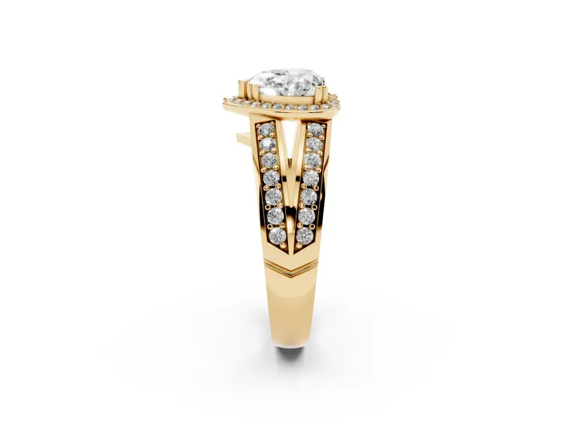 Heart Cut Diamond Halo Ring Set in Yellow gold with Double Pavé Split Shank