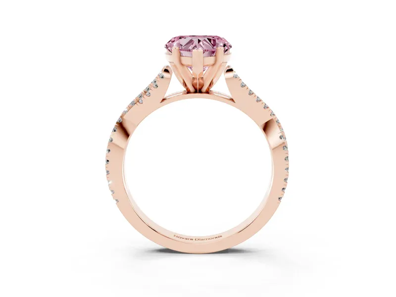 Fancy Pink Heart Cut Diamond Solitaire Engagement Ring Set in Rose gold with Twisted Pavé Band and Prong Setting
