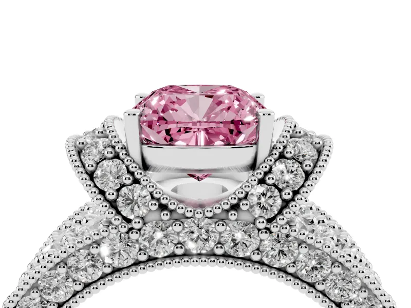 Cushion Cut Vintage Pave Engagement Ring Setting for a Fancy Pink Lab-Grown Diamond | Milgrain Edges | Platinum