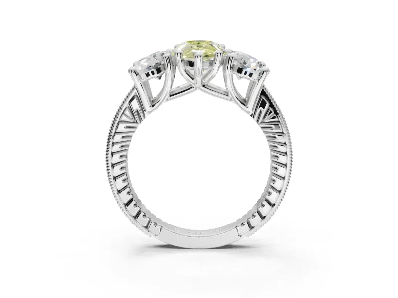 Pear-Shaped Vintage Three Stone Engagement Ring Setting for a Fancy Yellow Lab-Grown Diamond | White Gold