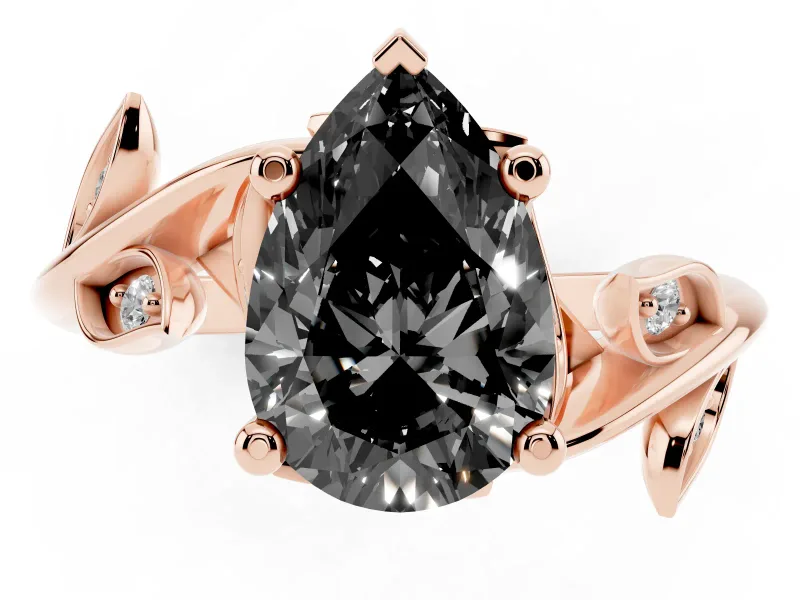 Pear-Shaped Twisted Bypass Engagement Ring Setting for a Black Center | Accented Leaves | Rose Gold