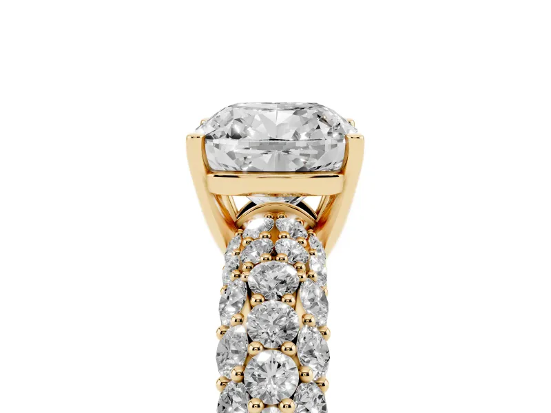 Cushion Cut Multi Row Pave Solitaire Engagement Ring Setting | Domed Shoulders | Yellow Gold