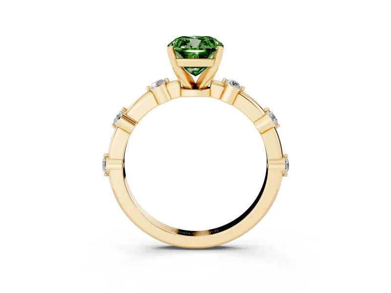 Fancy Green Cushion Cut Diamond Solitaire Ring Set in Yellow gold with Bezel Set Side Stones and Prong Setting