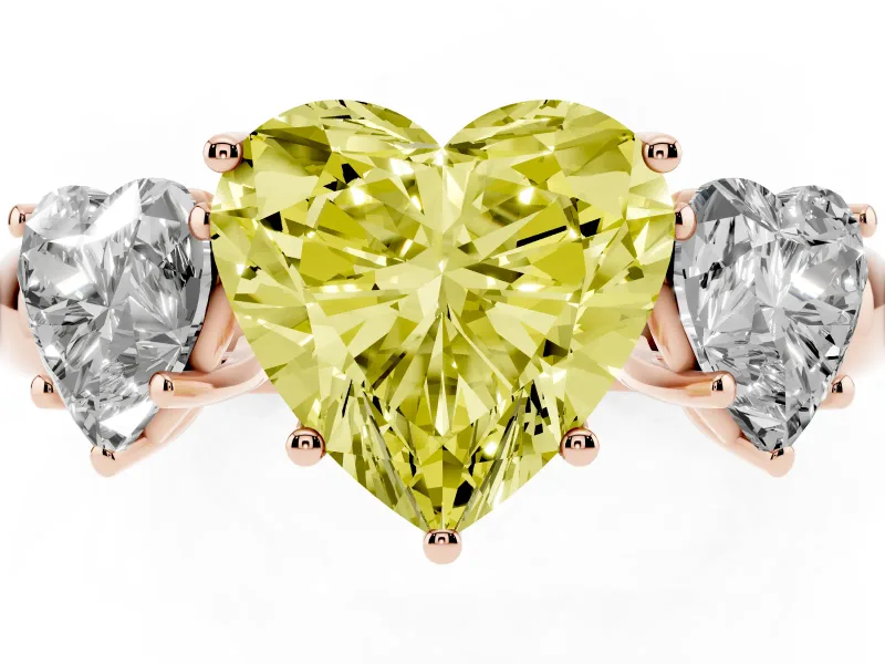 Fancy Yellow Heart Cut Diamond Three-Stone Ring Set in Rose gold with Bold Center and Classic Band