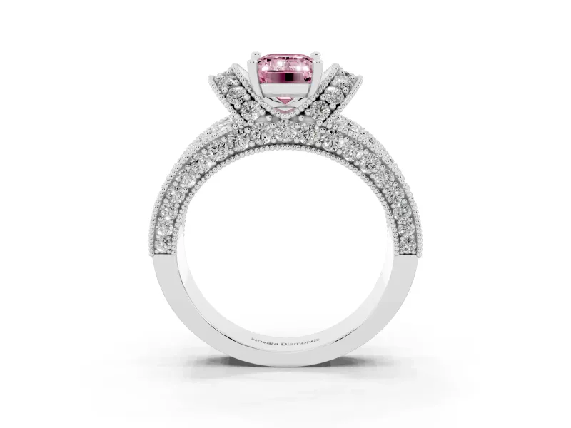 Emerald Cut Vintage Pave Engagement Ring Setting for a Fancy Pink Lab-Grown Diamond | Milgrain Edges | Sterling Silver