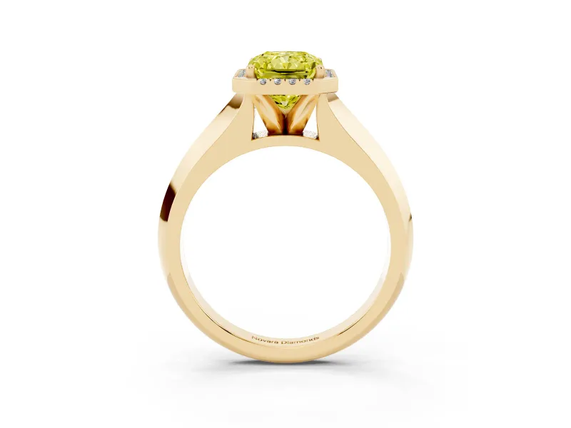 Fancy Yellow Radiant Cut Diamond Halo Ring Set in Yellow gold with Cathedral Band and Prong Setting