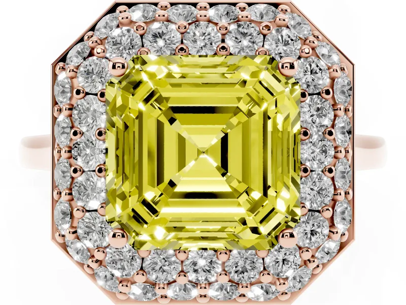 Fancy Yellow Asscher Cut Diamond Halo Engagement Ring Set in Rose gold with Solitaire Band and Prong Setting