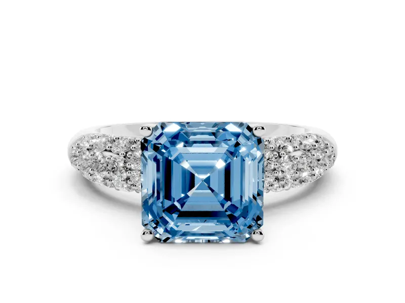 Fancy Blue Asscher Cut Diamond Pavé Band Solitaire Ring Set in Platinum with Close-Set Accent Stones and Prong Setting
