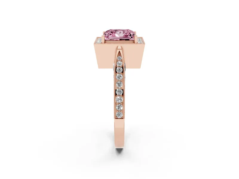Princess Cut Milgrain Halo Engagement Ring Setting for a Fancy Pink Lab-Grown Diamond | Side Stones | Rose Gold