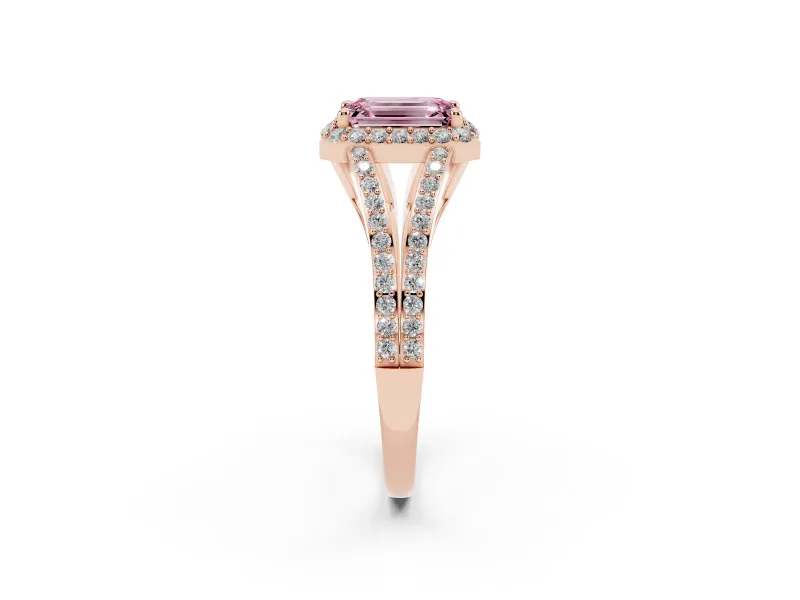 Emerald Cut Split Shank Halo Engagement Ring Setting for a Fancy Pink Lab-Grown Diamond | Rose Gold