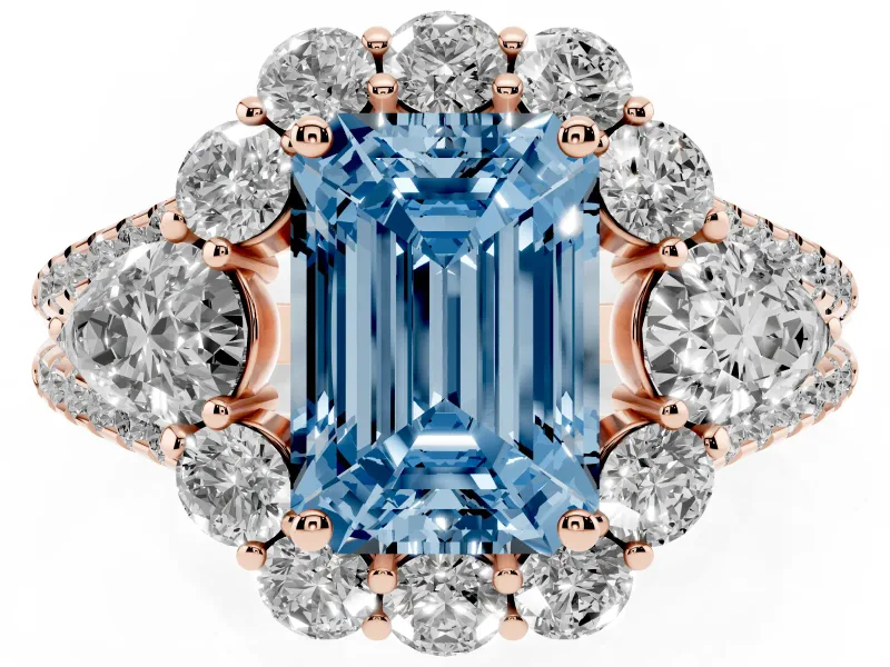 Emerald Cut Scalloped Halo Engagement Ring Setting for a Fancy Blue Lab-Grown Diamond | Pear Side Stones | Rose Gold