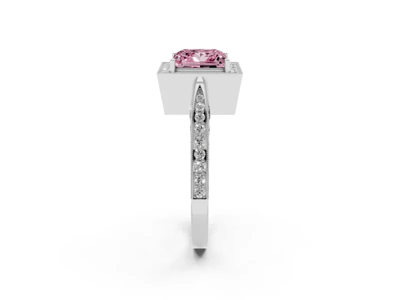 Princess Cut Milgrain Halo Engagement Ring Setting for a Fancy Pink Lab-Grown Diamond | Side Stones | White Gold