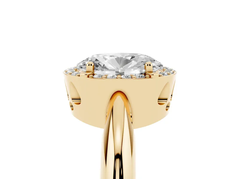 Oval Cut Diamond Halo Engagement Ring Set in Yellow gold with Plain Split Shank and Prong Setting