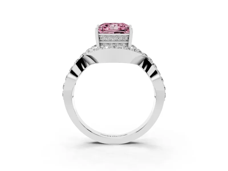 Fancy Pink Princess Cut Diamond Solitaire Twist Band Pavé Engagement Ring Set in Platinum