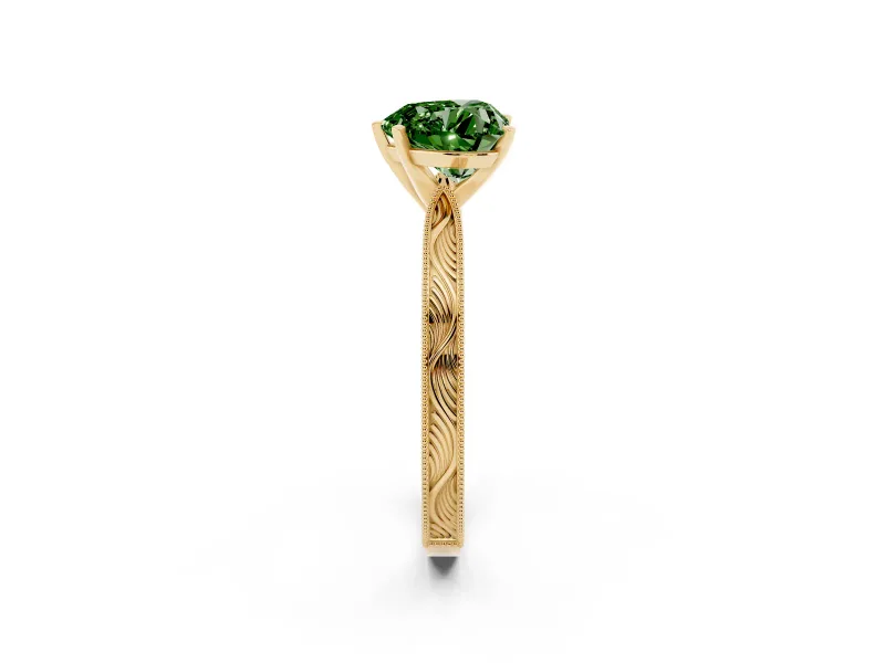 Heart-Shaped Engraved Engagement Ring Setting for a Fancy Green Lab-Grown Diamond | Yellow Gold