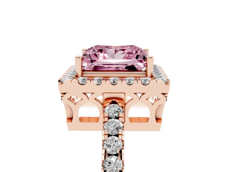 Fancy Pink Princess Cut Diamond Pavé Band Halo Engagement Ring Set in Rose gold with Prong Setting