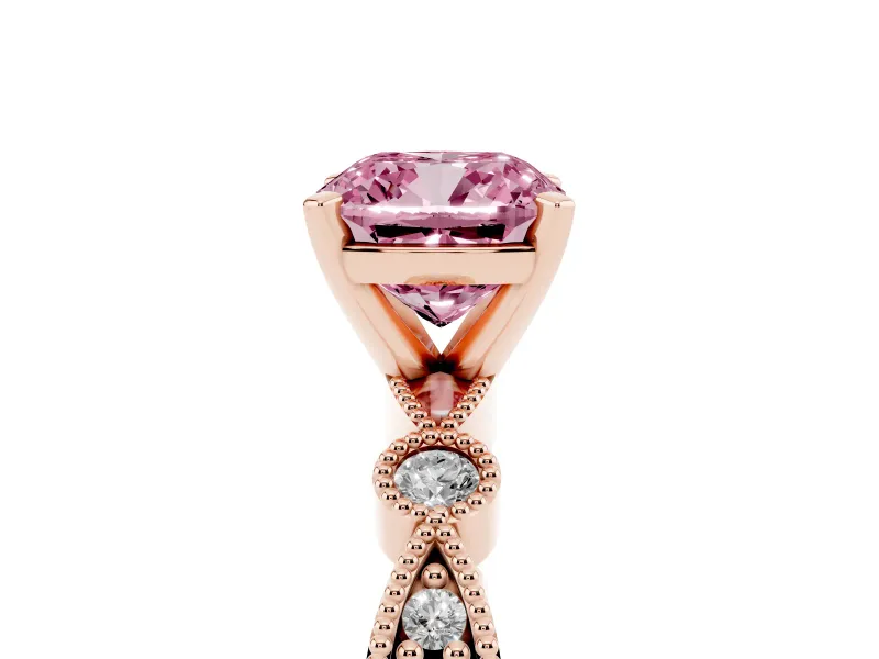 Fancy Pink Cushion Cut Diamond Solitaire Engagement Ring Set in Rose gold with Milgrain Bezel Accent Band