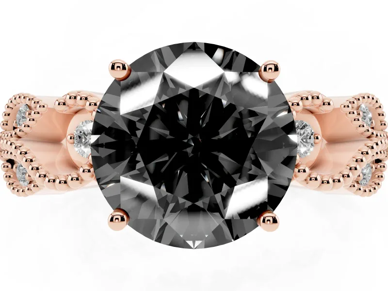 Round Vintage Leaf Solitaire Engagement Ring Setting for a Black Center | Milgrain Edges | Rose Gold