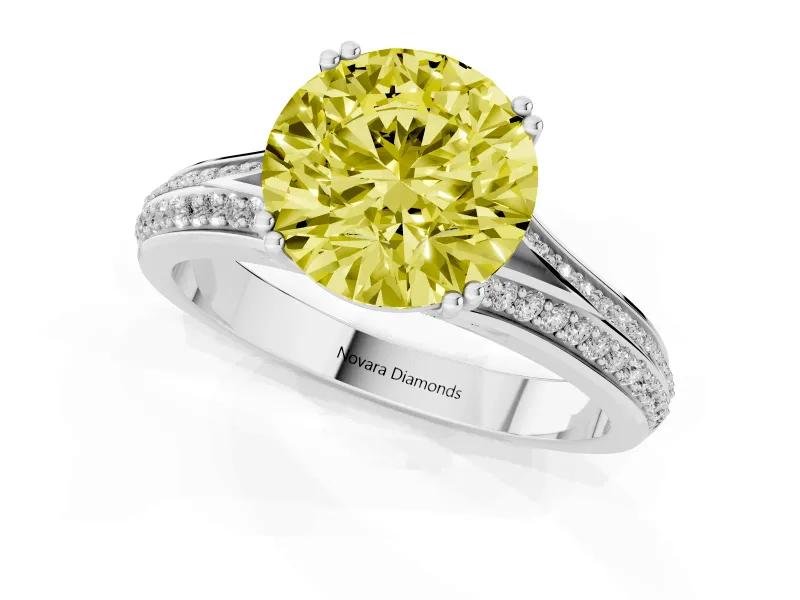 Round Pave Split Shank Engagement Ring Setting for a Fancy Yellow Lab-Grown Diamond | Double Claw Prongs | White Gold