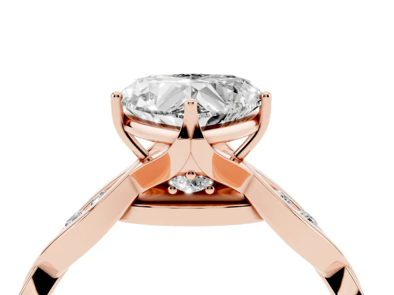 Heart Cut Diamond Twist Band Solitaire Ring Set in Rose gold with Leaf Prong Setting and Accent Stones