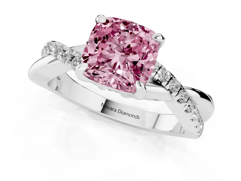 Fancy Pink Cushion Cut Diamond Twist Band Solitaire Set in Platinum with Pavé Accents and Prong Setting