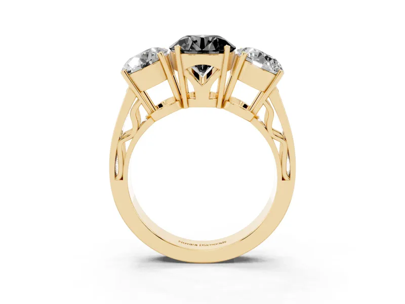 Round Three Stone Engagement Ring Setting for a Black Center | Beaded Shoulders | Yellow Gold