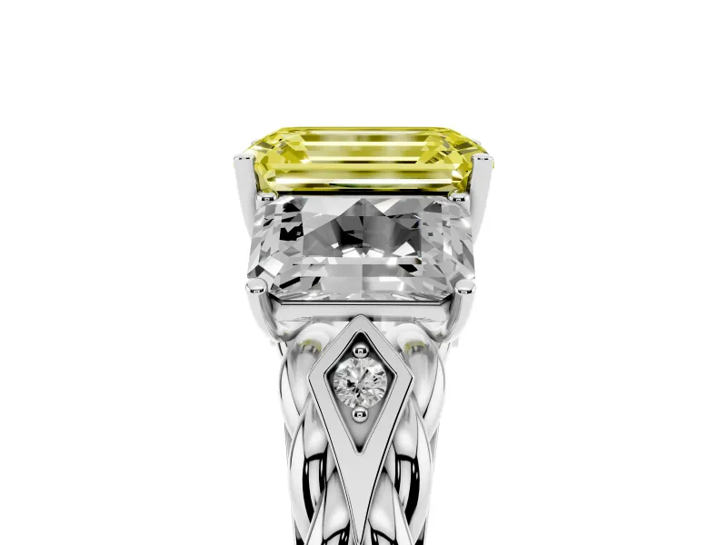 Emerald Cut Three Stone Engagement Ring Setting for a Fancy Yellow Lab-Grown Diamond | Braided Band | White Gold