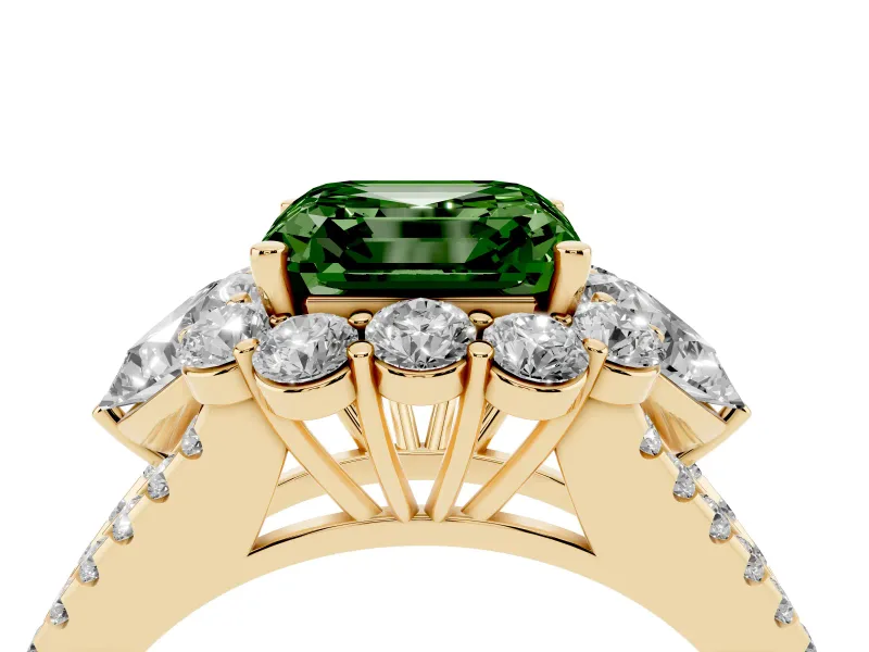 Fancy Green Asscher Cut Diamond Halo Split Shank Engagement Ring Set in Yellow gold with Prong-Held Center Stone