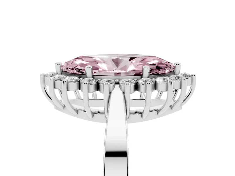 Fancy Pink Marquise Cut Diamond Halo Ring Set in Silver with Round Halo and Smooth Solitaire Band