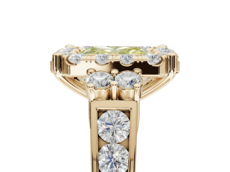 Radiant Cut Halo Engagement Ring Setting for a Fancy Yellow Lab-Grown Diamond | Graduated Channel Band | Yellow Gold