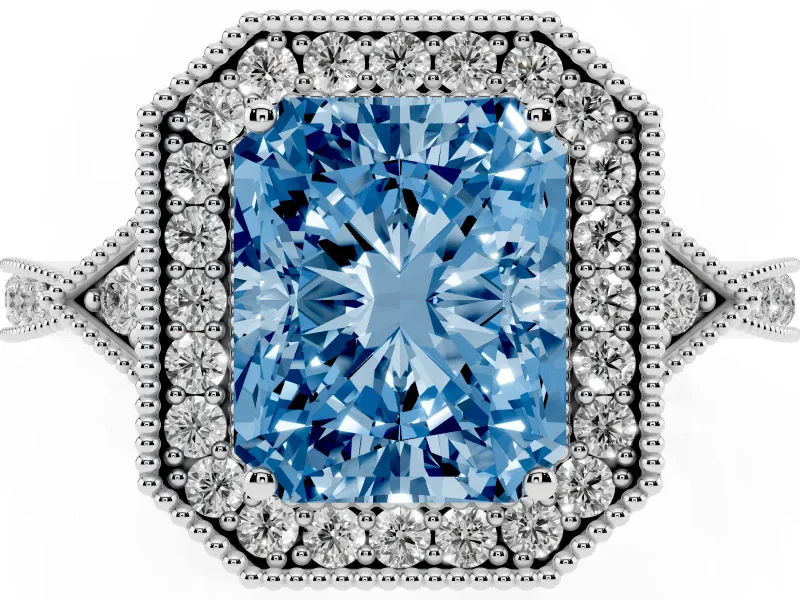 Fancy Blue Radiant Cut Diamond Halo Engagement Ring Set in Platinum with Milgrain Pavé Band