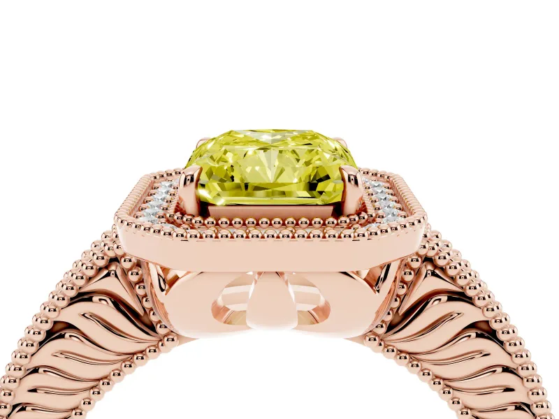 Fancy Yellow Radiant Cut Diamond Halo Ring Set in Rose gold with Round Accent Halo, Pavé Band and Prong Setting